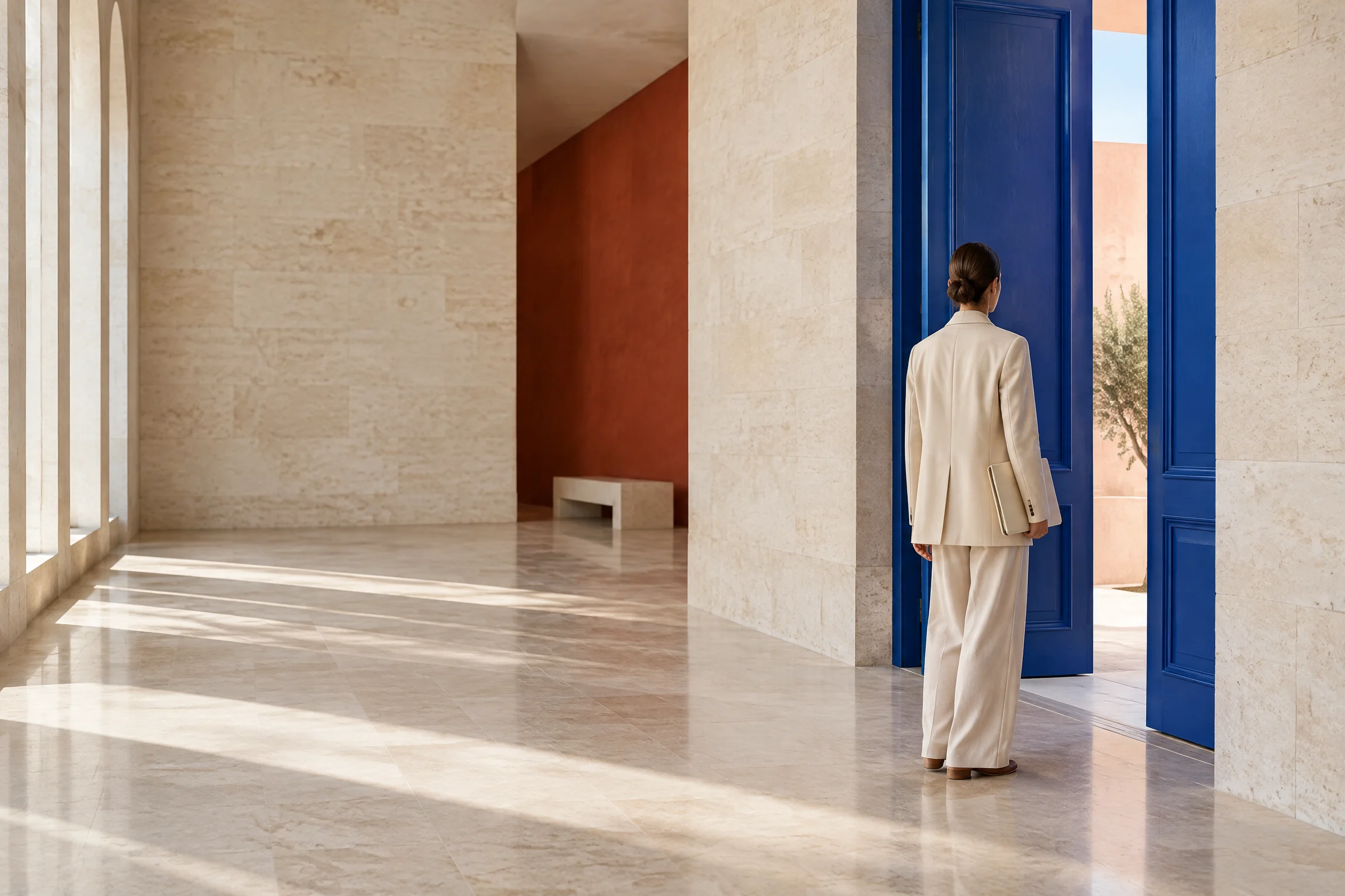 Professional standing before a cobalt blue doorway