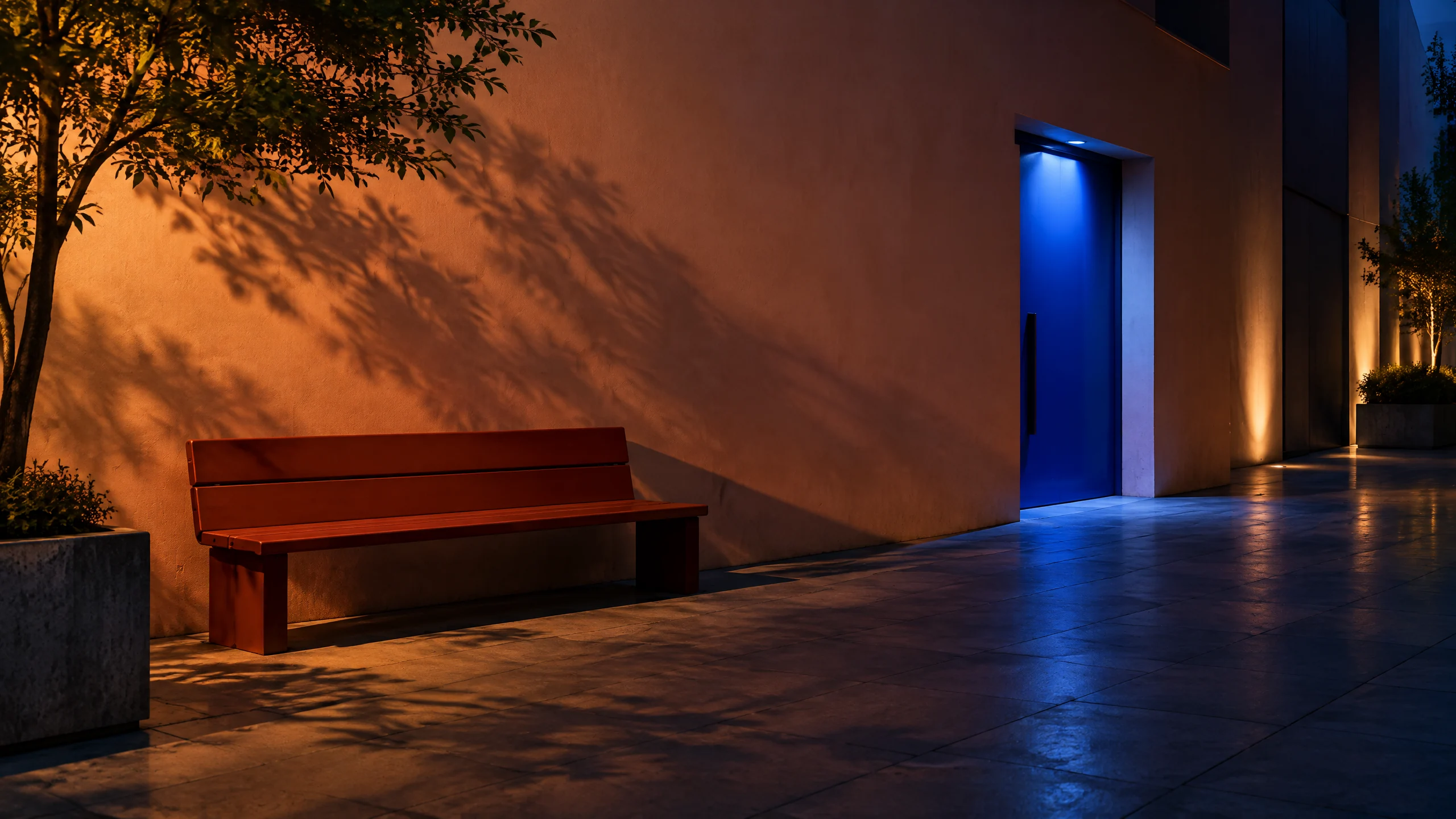 Evening passage with a cobalt blue doorway