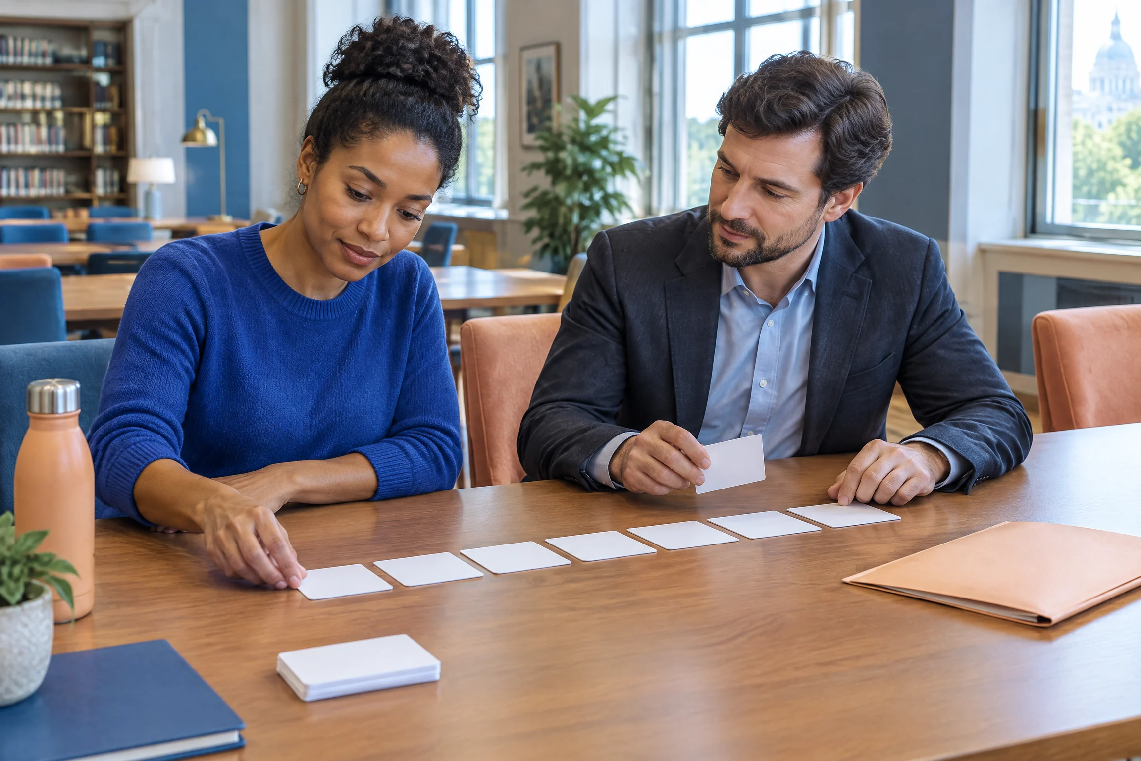 Two people arranging career timeline cards in a reading room