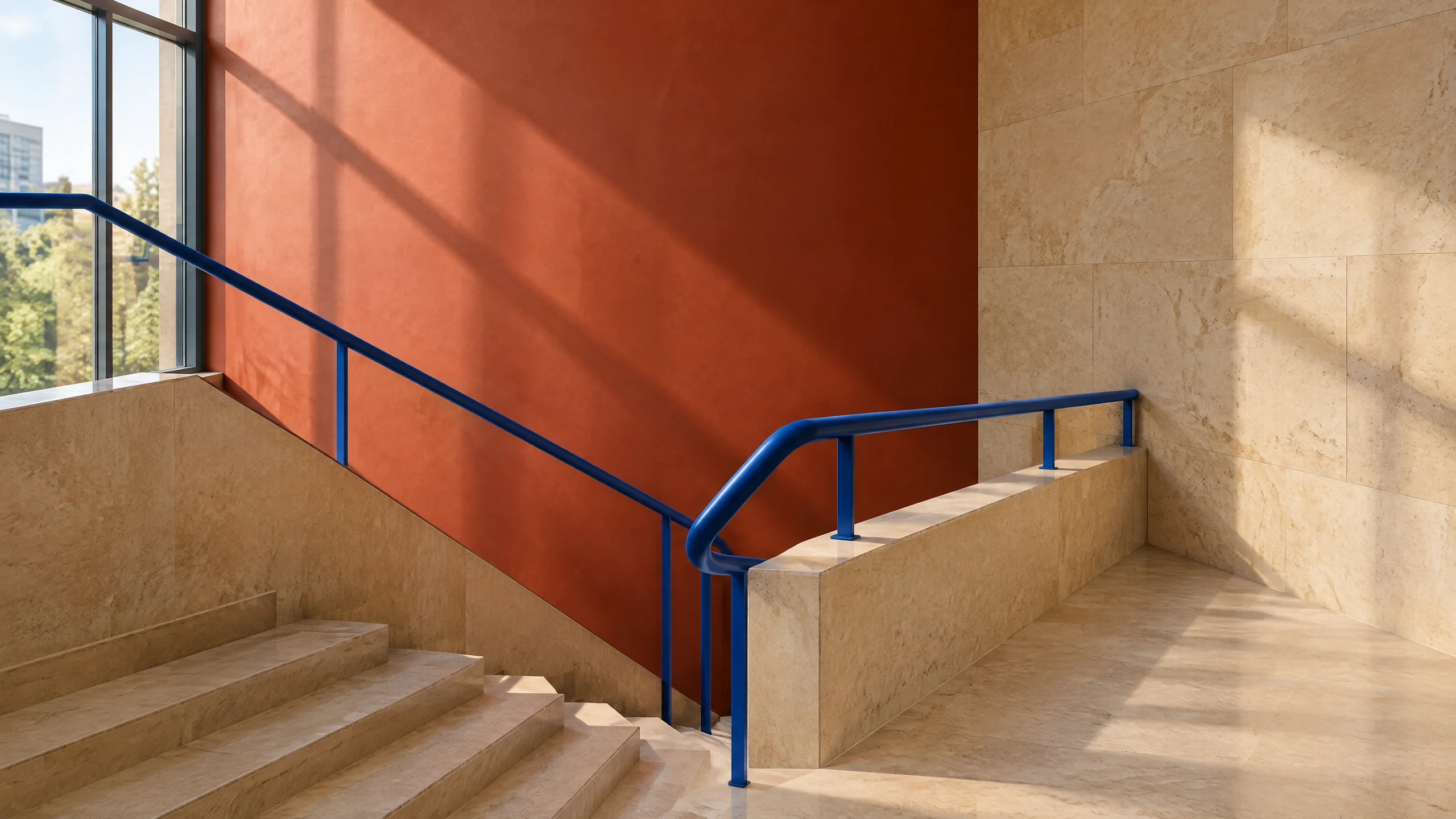 Cobalt handrail on a contemporary architectural stair landing