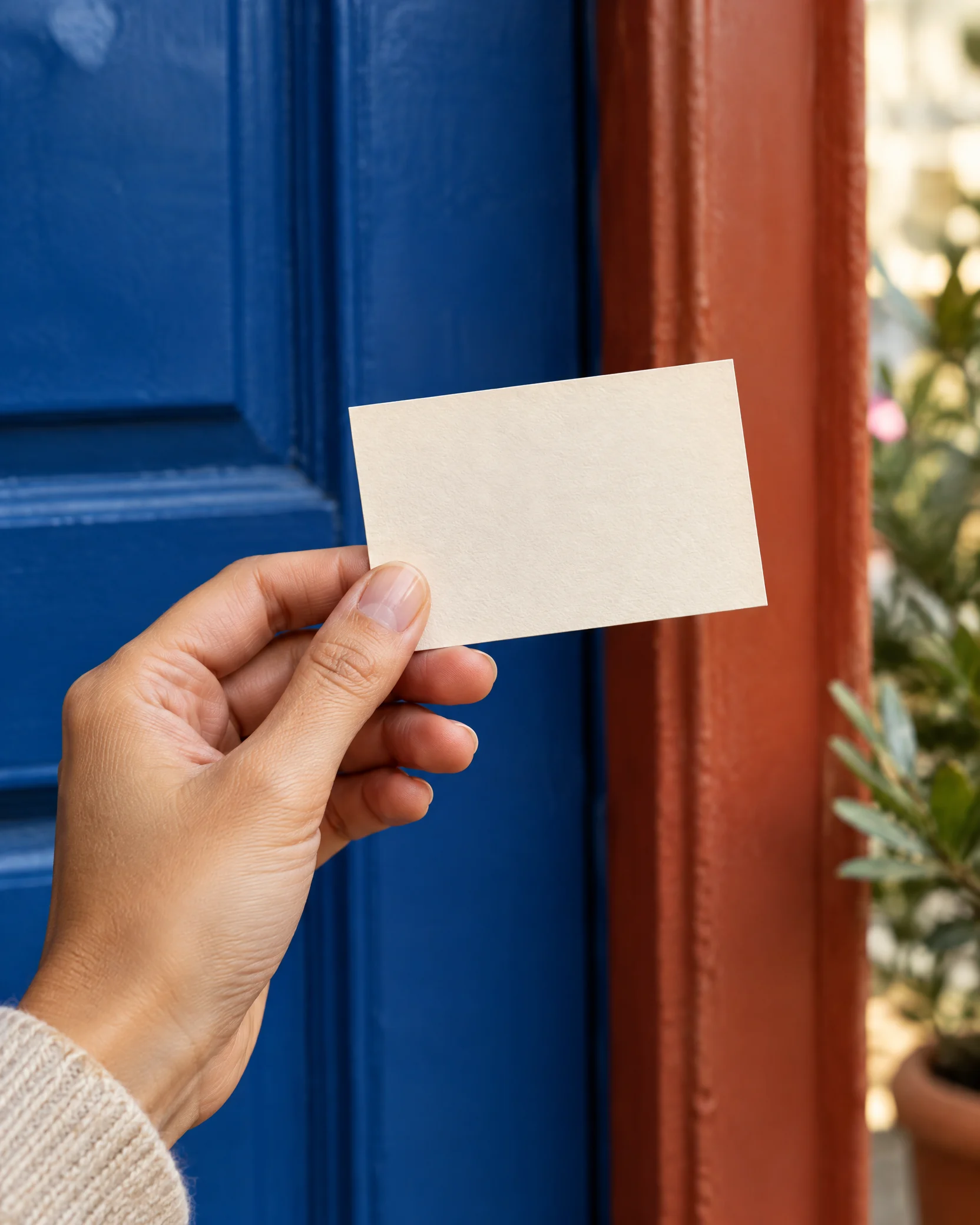 Hand holding a blank appointment card near a cobalt doorway