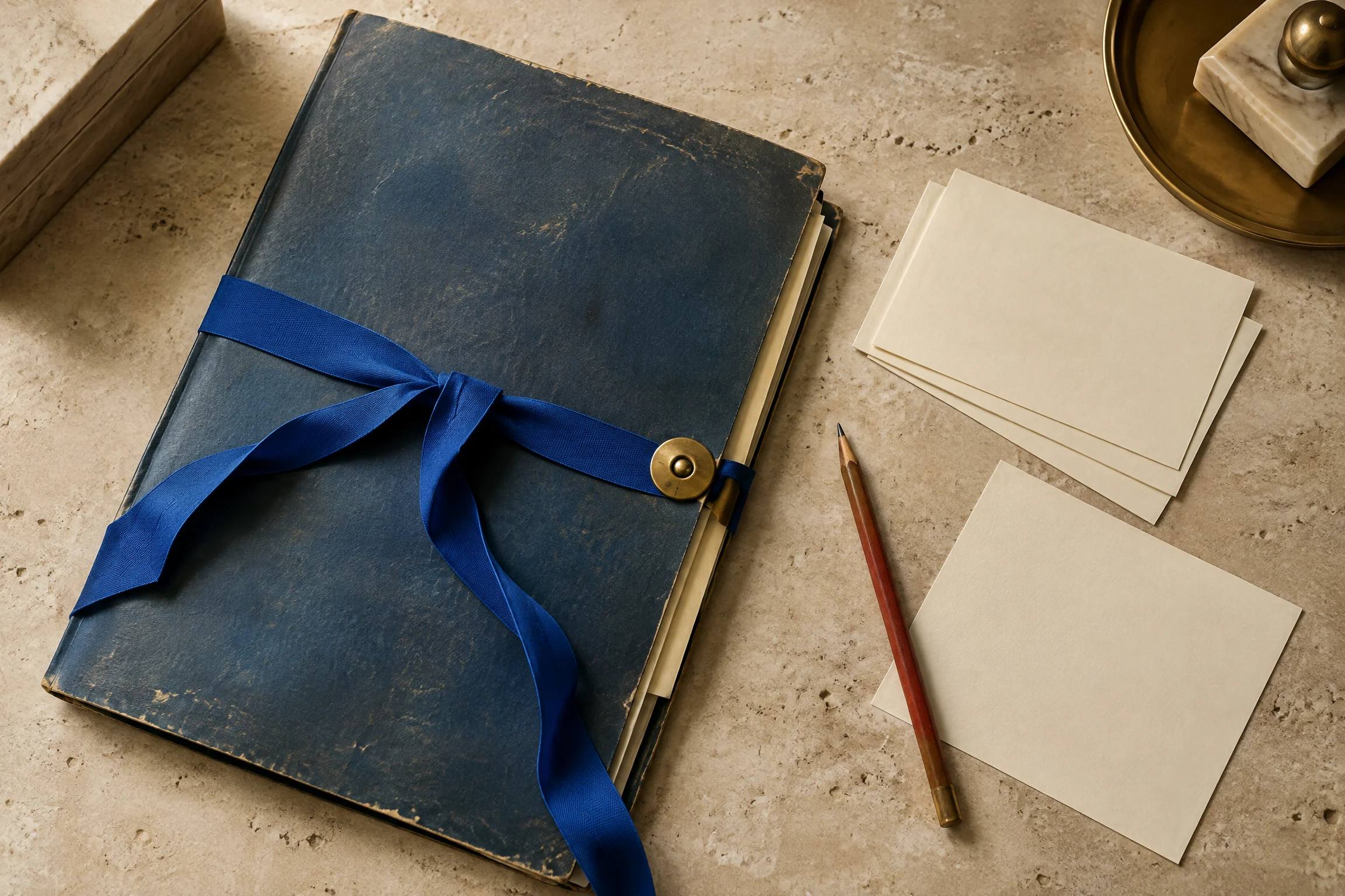 Travel folder and transition materials on an archive desk