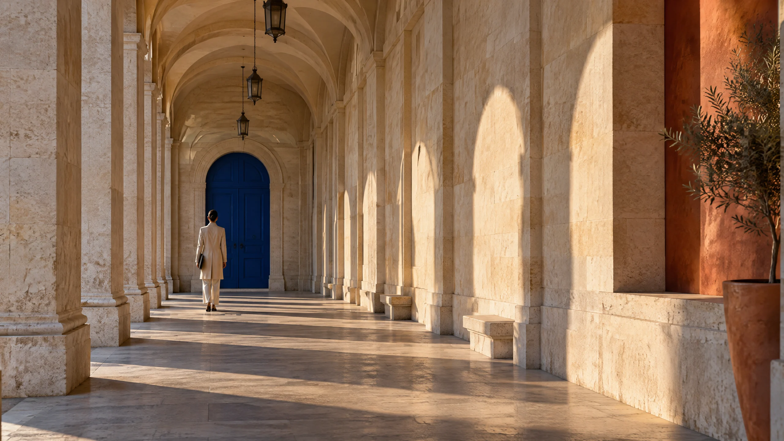Professional walking through a public limestone arcade toward a cobalt door