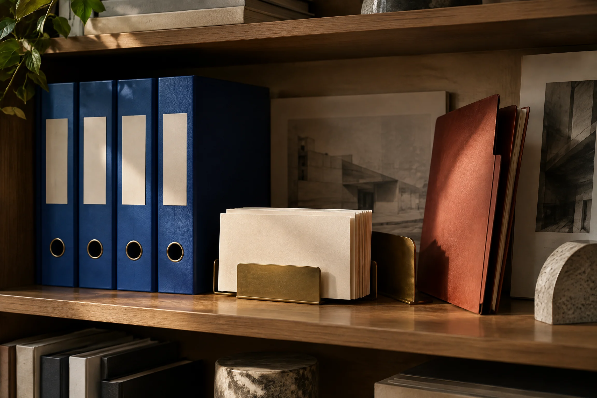 Archive shelf with professional documents and cobalt folders