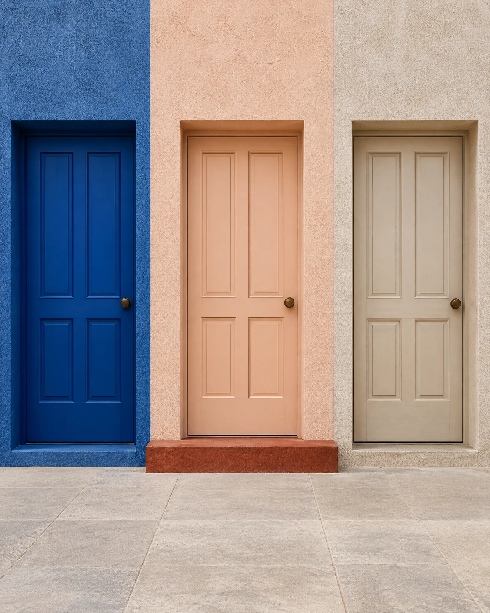 Three adjacent doorways in cobalt, peach and limestone